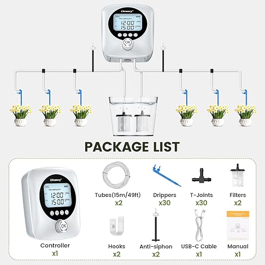 Automatic Plant Waterer for 30 Potted Plants - 98FT Dual Pumps Automatic Watering System, Vacation Self Watering Drip Irrigation System & Plant Watering Device with Programmable Water Timer