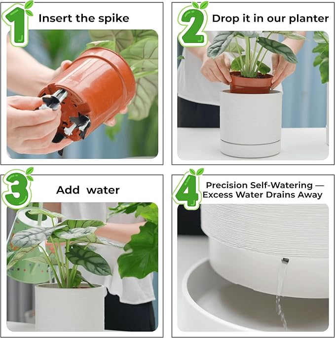 GreenShip Planter Set of 2 (13.8" & 11.8") – Cylinder Planters with Drainage Hole and Planter Saucer, Jun Porcelain Clay & Recycled Resin, Decorate Home,Office & Outdoor,White pots