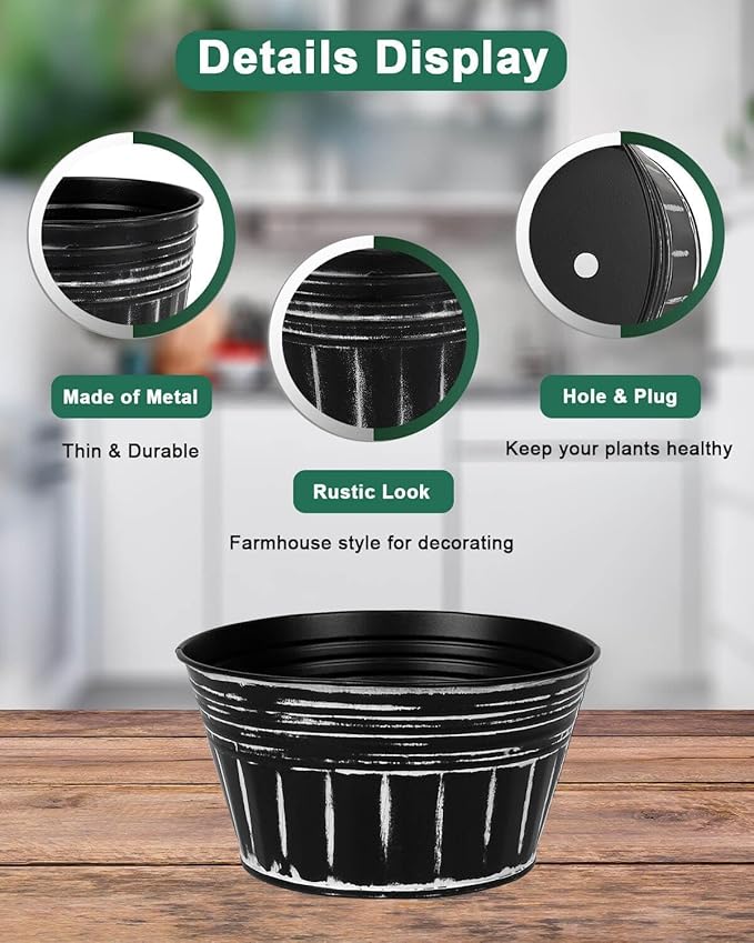 vensovo 8 Inches Black Metal Rustic Plant Pots - 6Pcs Shallow Galvanized Planters with Drain Hole and Rubber Plug, Rustproof Tin Bucket Succulent Pot Indoor Farmhouse Vintage Style for Decor