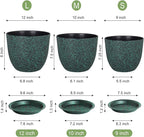 WSMKSZ Large Flower Pots 12/10/9 inch, Set of 3 Decorative Plastic Planters with Drainage Holes and Saucers for Garden House Plants, Plant Pots for Indoor Outdoor Plants, Black with Green Speckles