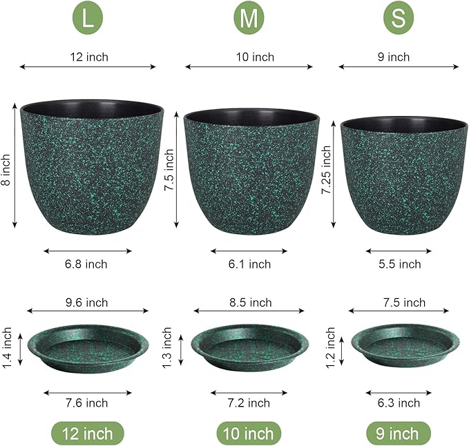 WSMKSZ Large Flower Pots 12/10/9 inch, Set of 3 Decorative Plastic Planters with Drainage Holes and Saucers for Garden House Plants, Plant Pots for Indoor Outdoor Plants, Black with Green Speckles