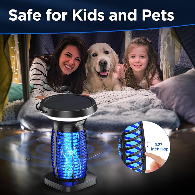 Solar Bug Zapper Outdoor Waterproof, Portable & Rechargeable Bug Zapper with Panel Sensor & LED Night Light Mosquitoes Zapper, Electric Fly Zapper for Home, Patio, Backyard, Camping