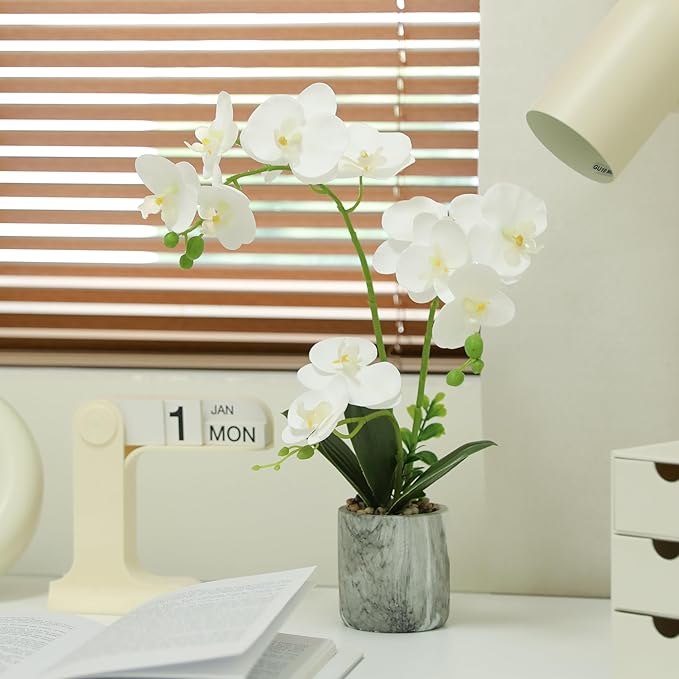 White Fake Orchids Flowers in Pot Bendable Faux Orchids Artificial Flowers Washable Silk Orchid Phalaenopsis Decor for Home Wedding Table Centerpiece Bathroom Office