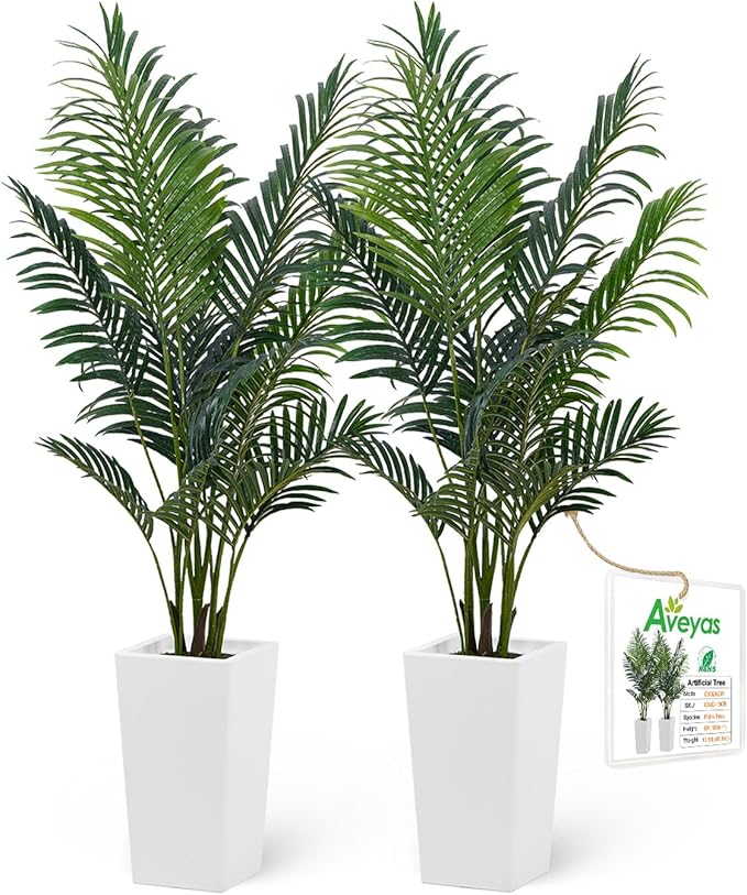Aveyas 5ft Artificial Palm Tree for Home Decor,5 Feet Faux Plant Fake Silk Tropical Kentia Areca Trees for Indoor Outdoor House Living Room Office Porch Garden(5 ft Tall with Raised Pot)-Set of 2 Pack