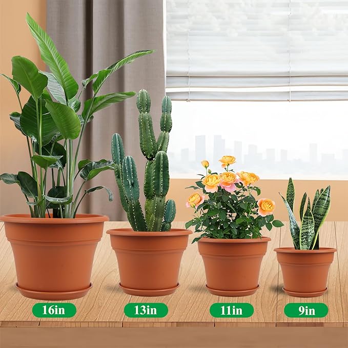 Pottiffe 16 inch Plastic-Flower-Pot-for-Indoor-Plants, 4 Pack Large Outdoor Planter Pot with Drainage Holes & Saucers, Resin Decorative Garden Pots Planters