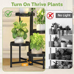 iDavosic.ly 5 Tier Folding Plant Stand Indoor Outdoor with Grow Light, Tiered Corner Flower Holder Shelf with Plastic Tray, Metal Orchid Display Rack for Patio Porch Living Room Garden Balcony, Black