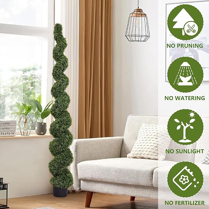 THE BLOOM TIMES 7 Foot Large Spiral Topiary Trees Artificial Outdoor Set of 2, Faux Boxwood Plants Outside - All-Year Green Fake Tall Tree for Home Office Front Porch Planter Decor 7ft