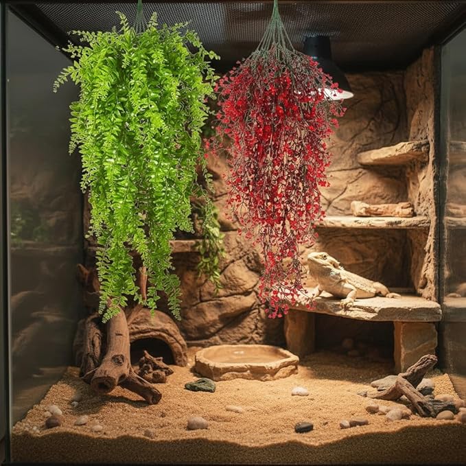 PINVNBY 2 Pack Reptile Plants Terrarium Hanging Fake Vines with Suction Cup Artificial Leaves for Bearded Dragons Lizards Geckos Snake Hermit Crab (Red and Green)