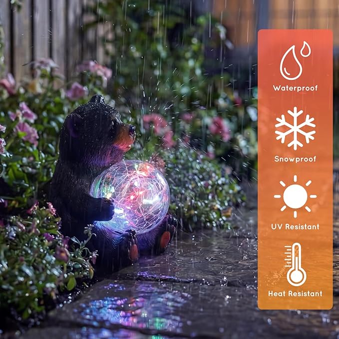 Lavezee Black Bear Statue Outdoor Garden Decor, Bear Figurine Holding Glowing Orb for Garden, Patio, Yard Decor