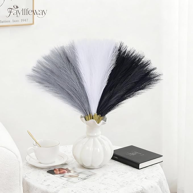 50pcs Pampas Grass 17in, Black and White Pampas Grass Artificial Fluffy Vase Filler Flower Arrangement for Home Party Living Room Decor(Black & Grey & White)