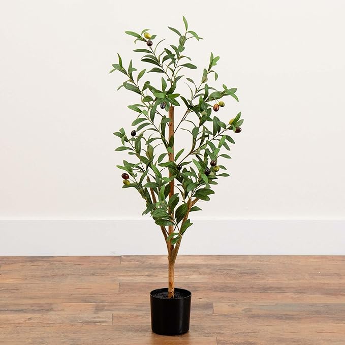 Nearly Natural Olive Tree - 3FT Tall Silk Faux Olive Tree for Home and Office Decor, Realistic Branches and Lifelike Fruits, Natural Wood Trunk, Potted