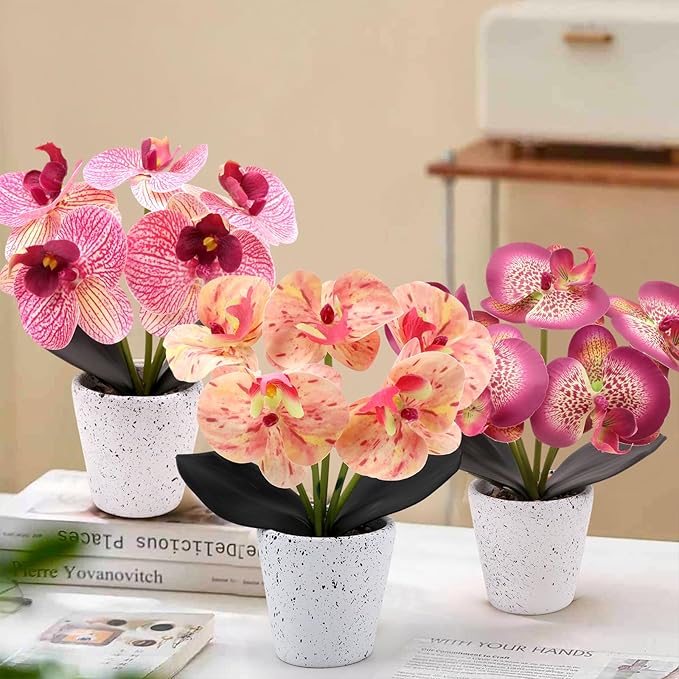 Artificial Orchid Flower Potted Plants Realistic Purple Faux Phalaenopsis Flowers in Pot Flower Arrangements Living Room Wedding Party Decor