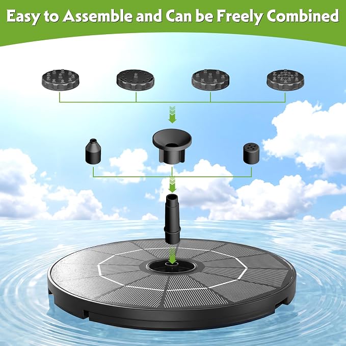 AISITIN DIY Solar Fountain Pump for Water Feature with 3.9ft Cord, Solar Bird Bath Fountain with 6 Nozzles, Solar Powered Water Floating Fountain for Bird Bath, Garden, Ponds Fish Tank, Outdoor