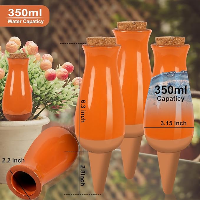 4 Packs Ollas Plant Watering Globes, 12 Oz Terracotta Self Watering Planter Insert, Automatic Watering Devices, Clay Drip Irrigation Stake for Indoor & Outdoor Plants, 1 Week Easy to Refill(Orange)