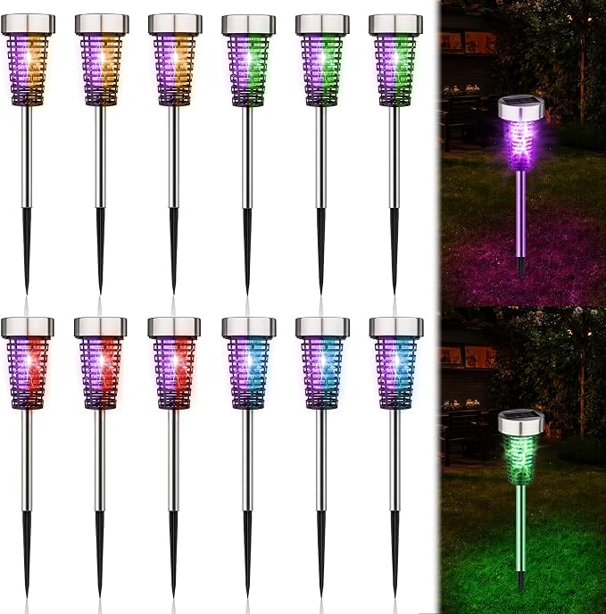 Qualirey 12 Pack Solar Bug Zapper Outdoor Waterproof Mosquito Repellent Killer Bug Zapper Lamp with LED Light for Outdoor Garden Patio Yard (Purple and Colorful Light,Silver)