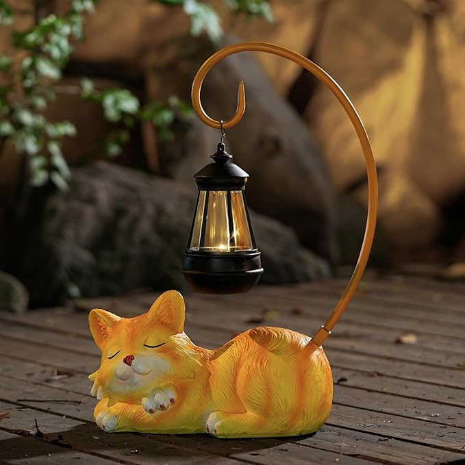 WSgift Outdoor Cat Figurine Garden Statue with Solar-Powered LED Light 13.77 Inches Tall Gift Garden Statue Decor for Cat Lovers Yellow