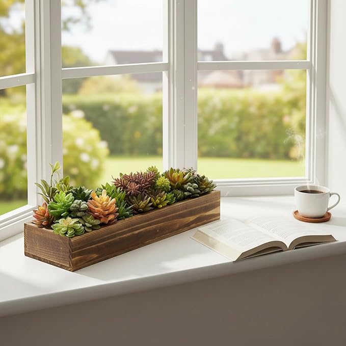 MyGift Artificial Succulent Centerpiece, 15.75 Inch Faux Succulents Arrangement Plants in Rustic Burnt Wood Rectangular Planter Box