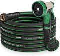 Heavy Duty Garden Hose 25 ft, NON-EXPANDABLE Water Hose with 10 Function Spray Nozzle, Lightweight Kink-less Hybrid Hose with Swivel Handle, Male to Female Fittings