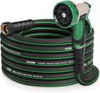 Heavy Duty Garden Hose 25 ft, NON-EXPANDABLE Water Hose with 10 Function Spray Nozzle, Lightweight Kink-less Hybrid Hose with Swivel Handle, Male to Female Fittings