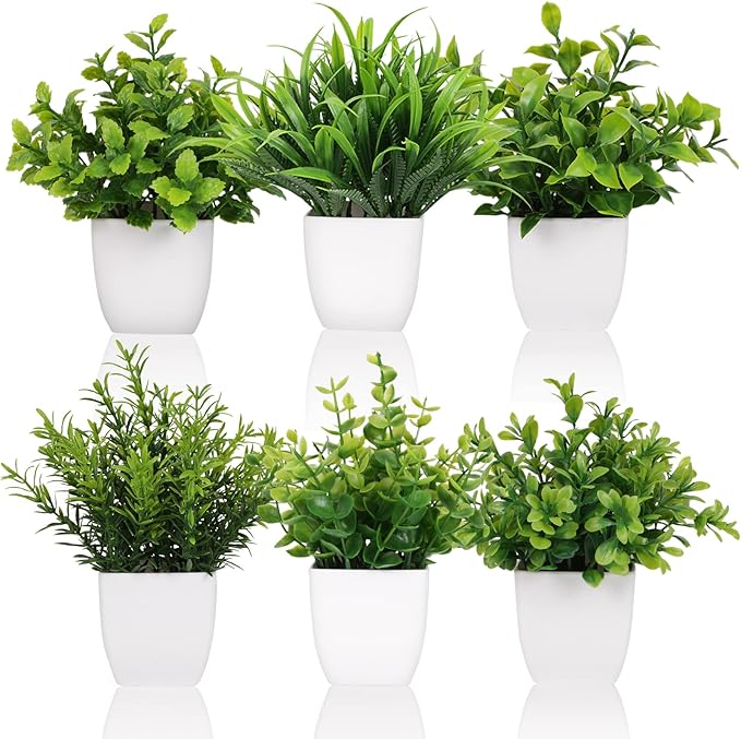 Yoratee 6 Pot Small Fake Plant Flowerpot Artificial Plastic Eucalyptus Plant Wheat Grass Shrub Plant Indoor Desk Coffee Table Bathroom Bedroom Home Decoration (6)