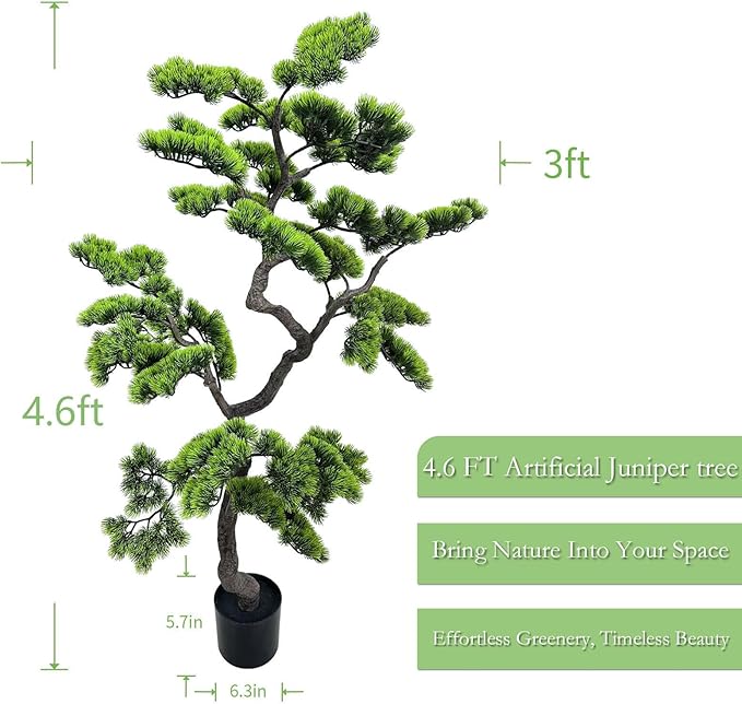 4.6ft Artificial Bonsai Tree Juniper Faux Pine Plant | Large Indoor Fake Tree Decor with Black Plastic Pot for Home, Office Desk, Table, Shelf, Bedroom & Living Room Decor (Green)