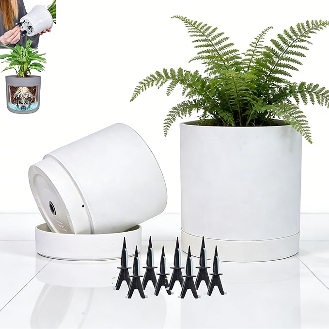 GreenShip Planter Set of 2 (13.8" & 11.8") – Cylinder Planters with Drainage Hole and Planter Saucer, Jun Porcelain Clay & Recycled Resin, Decorate Home,Office & Outdoor,White pots