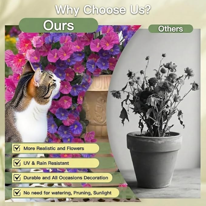 Artificial Flowers for Outdoors Fake Fuchsia Purple Morning Glory Hanging Flower Decoration, 2Pcs Realistic Faux Plants Petunias Long Trailing Vines,Spring Decor for Porch Patio Balcony Planter Yard