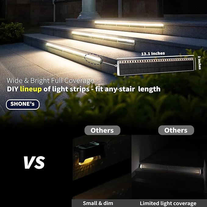 SHONELIGHTING Solar Step Lights for Outside, 33 Focused-Beam High-Brightness LEDs, Waterproof Aluminum Outdoor Stair Light for Risers, Curbsides, Poolsides, Planter Edges (Warm White, 6Pack)
