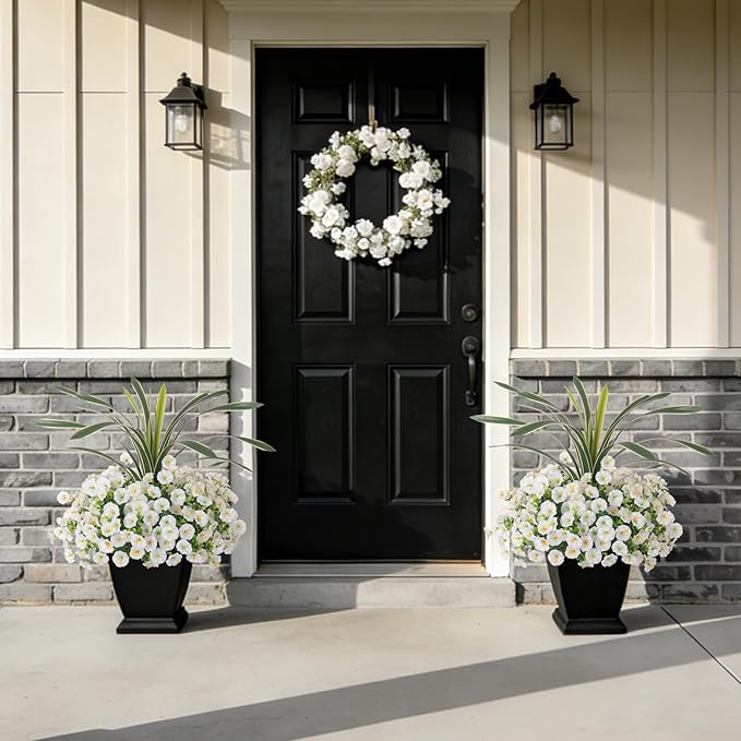 INXUGAO Artificial Flowers for Spring Outdoors Fake Plants Outside, 12 Bundles Silk Morning Glory with Eucalyptus UV Resistant Realistic Faux Flowers for Porch Planter Garden Patio Decor (White)