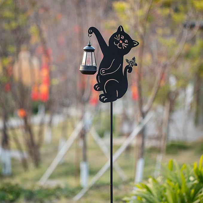 Solar Cute Cat Garden Stakes Outdoor Solar Decor Metal Cute Cat Holding Solar Lantern Decorative Garden Metal Flower Stakes Outdoor Cute Cat Silhouette Stakes