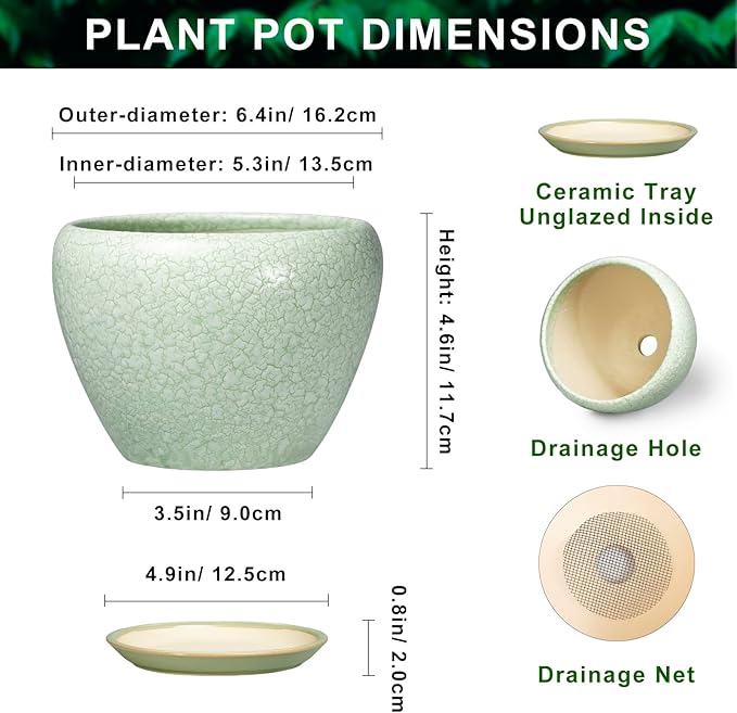 Ceramic Flower Pots - 6 Inch Plant Pot with Drainage Hole and Saucer, Modern Plant Pots for Indoor Succulent Plants, Round Indoor Planter, House Decor, Gardening Gifts, Crackle Light Green