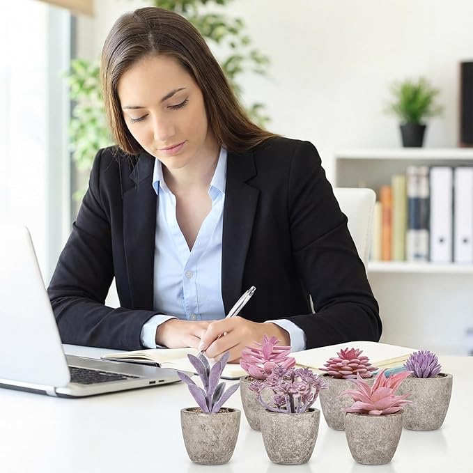 Set of 6 Artificial Succulents Potted - Realistic Mini Fake Cactus Plants in Paper Pulp Pots, 2-4'' Mixed Sizes for Farmhouse Shelf, Bathroom, Coatrack Shelf, Bedroom Indoor(Elegant Style)