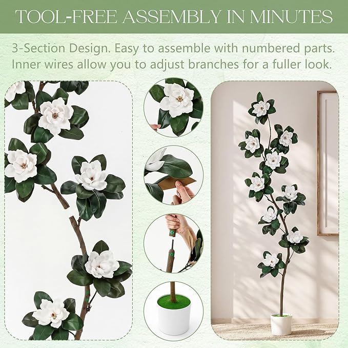 Jexine 7 ft Artificial Rubber Tree with 9 Magnolia Flowers in Pot Extra Tall Faux Magnolia Tree Fake Plant Indoor Floor Plant for Indoor Living Room Office Home Decor
