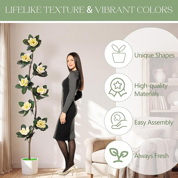 Jexine 6 ft Artificial Rubber Tree with 8 Magnolia Flowers in Pot Extra Tall Faux Magnolia Tree Fake Plant Indoor Floor Plant for Indoor Living Room Office Home Decor