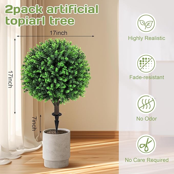 Artificial Green Eucalyptus Topiary Ball Tree 24" with Ground Spike, Set of 2 Artificial Boxwood Bushes for Faux Shrubs, Fake Evergreen Faux Plant for Indoor Outdoor Garden -UV Resistant–Fade-Proof
