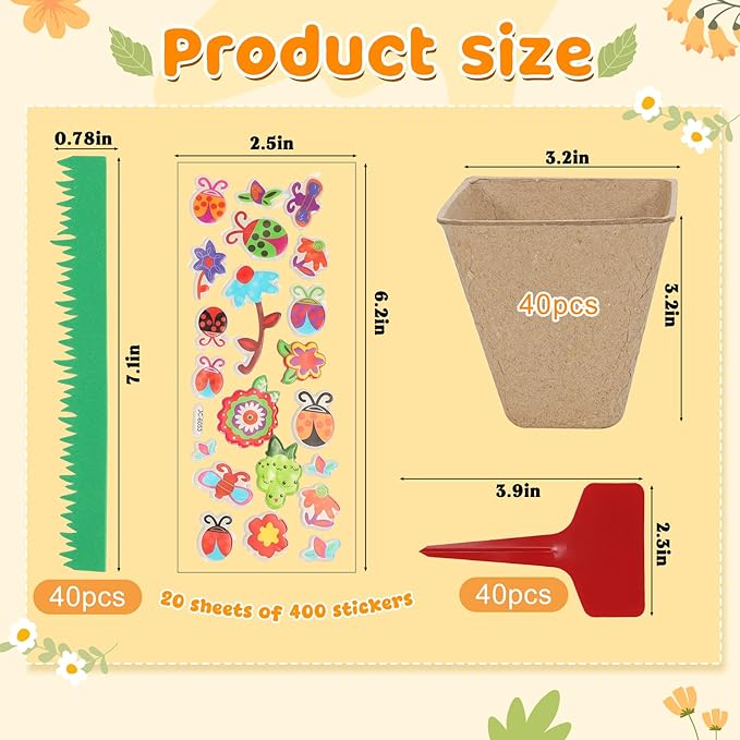 NNG 40 Set Garden Paper Pot Craft Kit,40Pcs Square Paper Mache Pots Peat Plant Pots with 400pcs Adhesive Foam Stickers & 40Pcs Pots Labels,Flower Plant Spring Craft for DIY Flower Planting