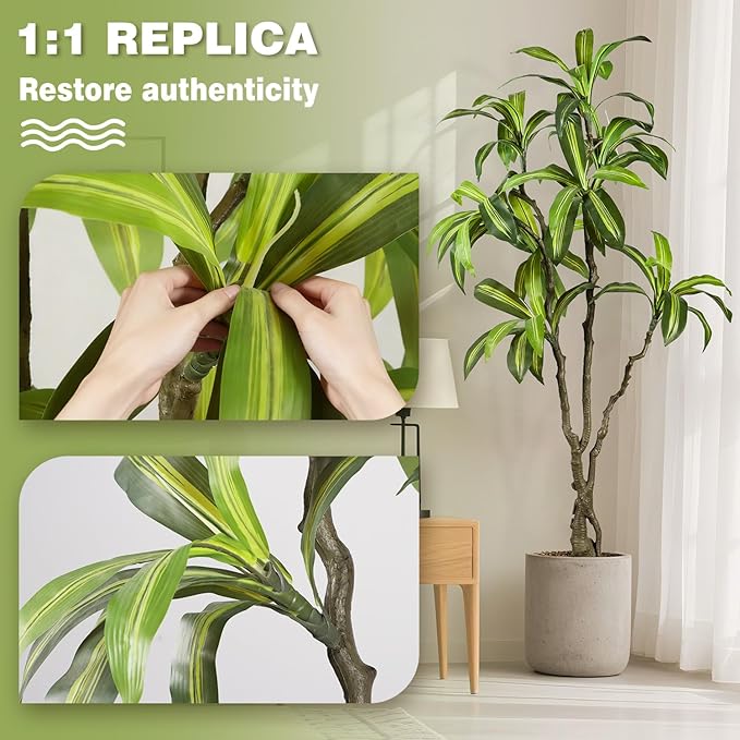 Artificial Dracaena Tree 6.5ft(78in) Faux Floor Plant for Indoor Decor Realistic Potted Tree with Texture Lifelike Leaves and Natural Wood Trunk for Home Living Room,Office Perfect Housewarming Gift