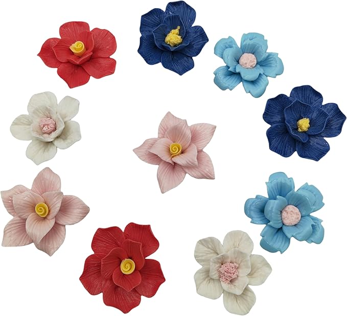 BTMIEY 10 PCS 3D Flower Ceramic Tiles,1.6" Handmade Procelain Ceramic Flowers for Artwork,Fish Tank,Vases,Living Room, Dining Table,Office, Home Floral Decor (Double-Flowered Mix Color)