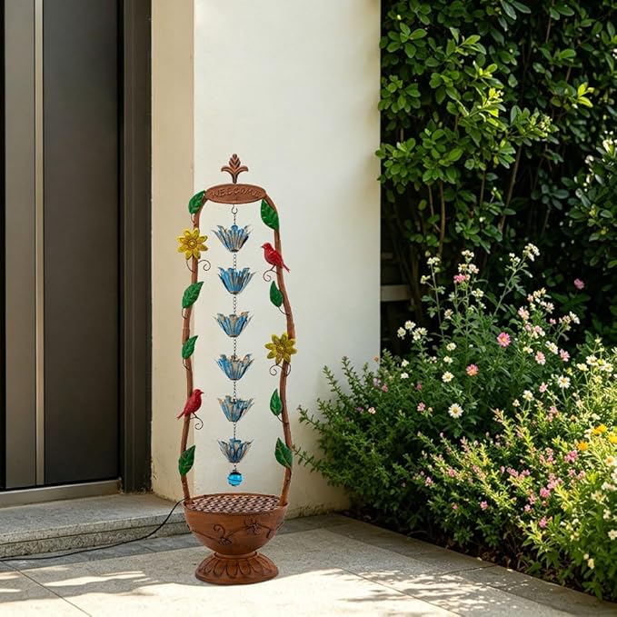 40" Vintage Metal Floor Water Fountain - Soothing Waterfall Outdoor Fountains with 6 Hanging Cups for Garden Patio Backyard Deck Decor, 1108 - Copper Birds & Flower