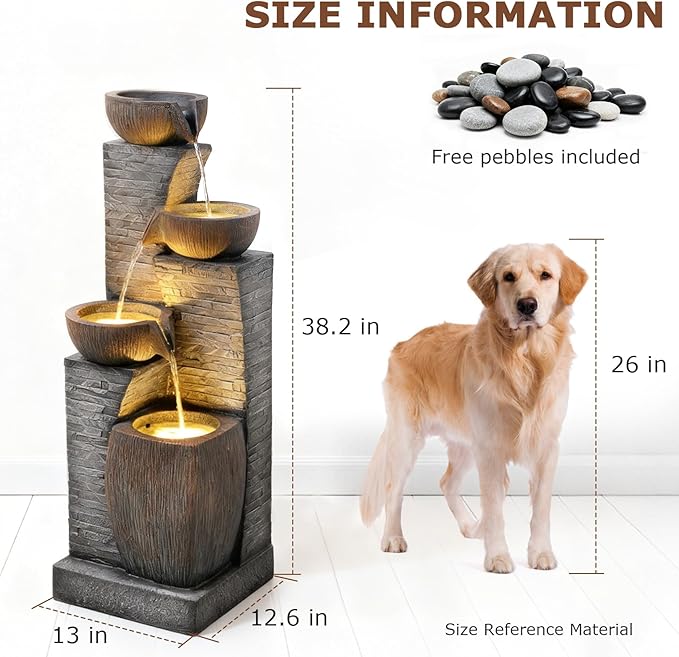 38.2" Tall Water Fountain Outdoor Garden,4 Tiers Modern Cascading Bowls and Stacked Stones Indoor Fountains with LED Lights for Garden, Patio, Deck, Porch, Backyard and Home Art Decor(Grey)