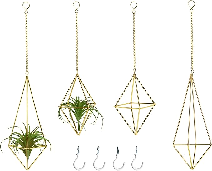 Air Plants Holders Hanging Airplants Hangers Himmeli Metal Wire 4Pcs Geometric Display Airfens Planter Frame 2 Sizes Tillandsia Holder with Chain and Hooks Decor for Home Office