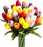 Mandy's Multicolor Artificial Tulips Flowers Centerpiece, 13.5" Lifelike PU Fake Floral Stems 28pcs for Kitchen Island & Dining Table, Spring Decor for Easter