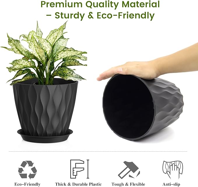 UOUZ 8 Inch Plant Pots, 4 Pack Plastic Planters for Indoor Outdoor with Drainage Holes & Saucers, Waffle Texture Flower Pots for Indoor Plants, Indoor Plant Pots for Monstera, Fiddle Leaf Fig, Black