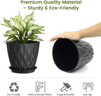 UOUZ 8 Inch Plant Pots, 4 Pack Plastic Planters for Indoor Outdoor with Drainage Holes & Saucers, Waffle Texture Flower Pots for Indoor Plants, Indoor Plant Pots for Monstera, Fiddle Leaf Fig, Black