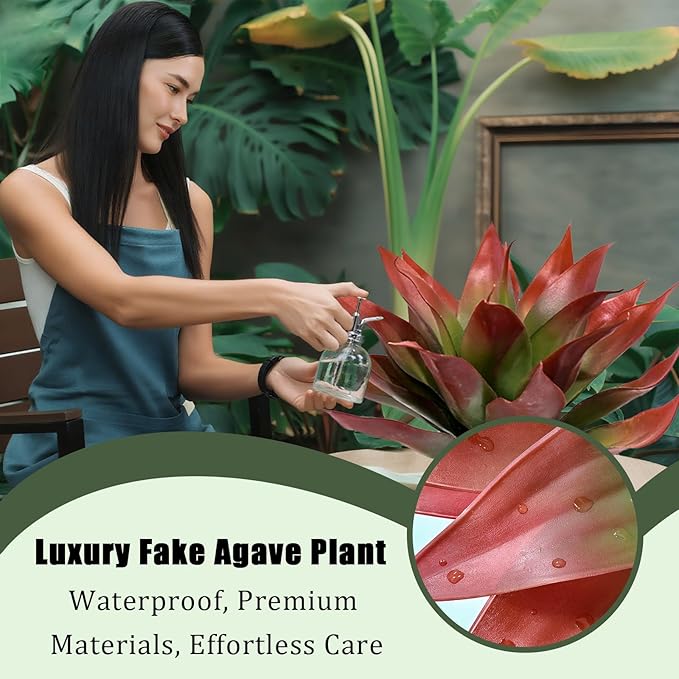 Artificial Agave Plants, Realistic UV Resistant Fake Aesthetic Plants for Outdoor Indoor, Home Decor for Garden, Porch, Doorway, Patio (2PCS, Red, Large)