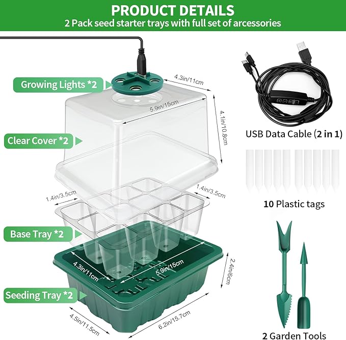Qoolife Seed Starter Tray with Plant Light, 2 Pack Grow Lights for Seed Starting Kit with Humidity Domes, Timing Controller Adjustable Brightness for Greenhouse Propagator Station Planting Growing