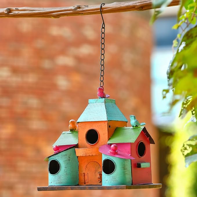 Large Bird Houses for Outside Hanging, Colorful Metal Bird Houses for Outside with 5 Compartments, Easy-Clean Front & Back Doors, Escape Holes & Ventilation, Weatherproof birdhouses for Outdoors
