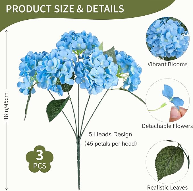 AGIRL 3 Bundles Blue Artificial Hydrangea Flowers for Outdoors, UV Resistant Lifelike Faux Flowers for Spring Indoor Outdoor Garden Patio Porch Balcony Home Decor Wedding Party Centerpieces