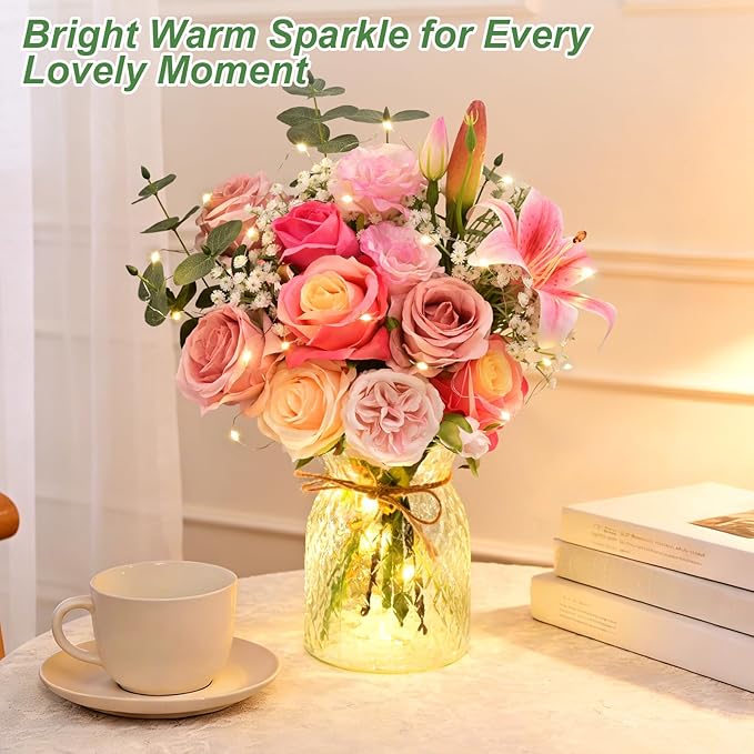 Livole 22Pcs Fake Flowers with Vase Silk Pink Artificial Flowers in Vase with Light Fake Plant Eucalyptus Flower Arrangement for Table Centerpieces Decor for Living Room Coffee Home Farmhouse