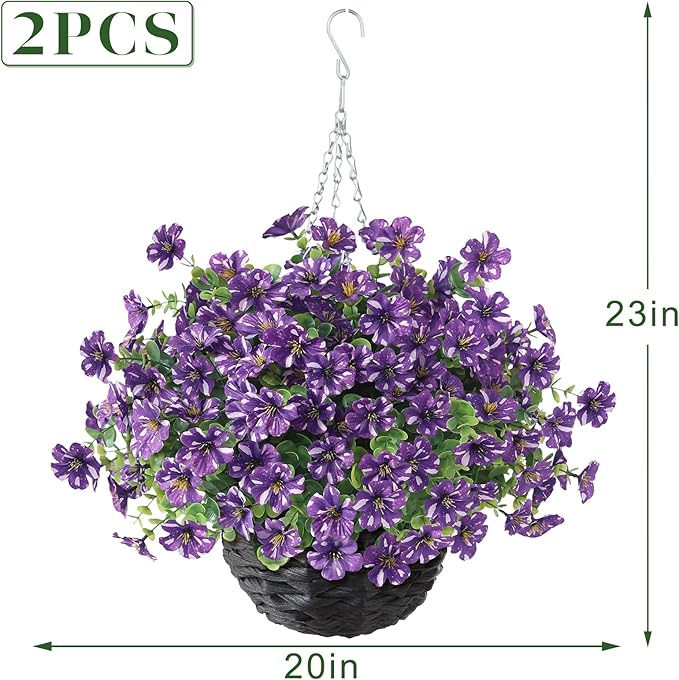GLIDLION Artificial Flower & Eucalyptus with Hanging Basket - 2PCS Faux UV Sun Resistant Morning Glory in Planter, Fake Colorful Silk Flowers for Spring Summer Porch Patio Balcony Yard Decor (Purple)